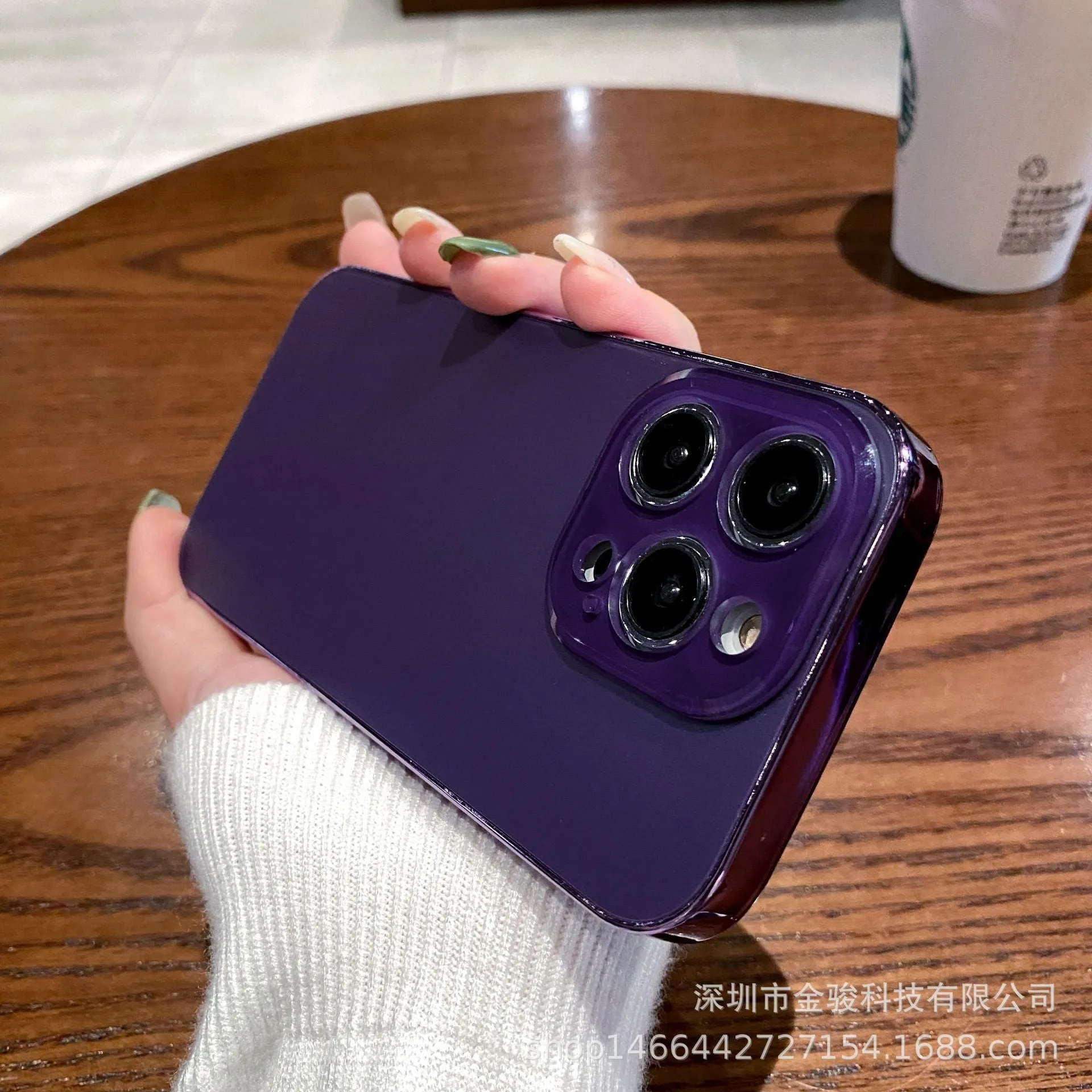 Electroplated TPU frosted acrylic phone case with matte finish for iPhone 11-14 series, showing black front and back against a neutral background