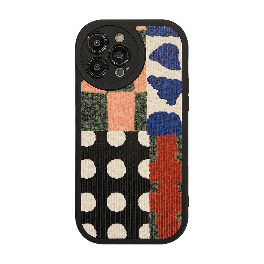 Art colour contrast patchwork TPU phone case with black leather-style finish and dot stitching for Apple iPhone