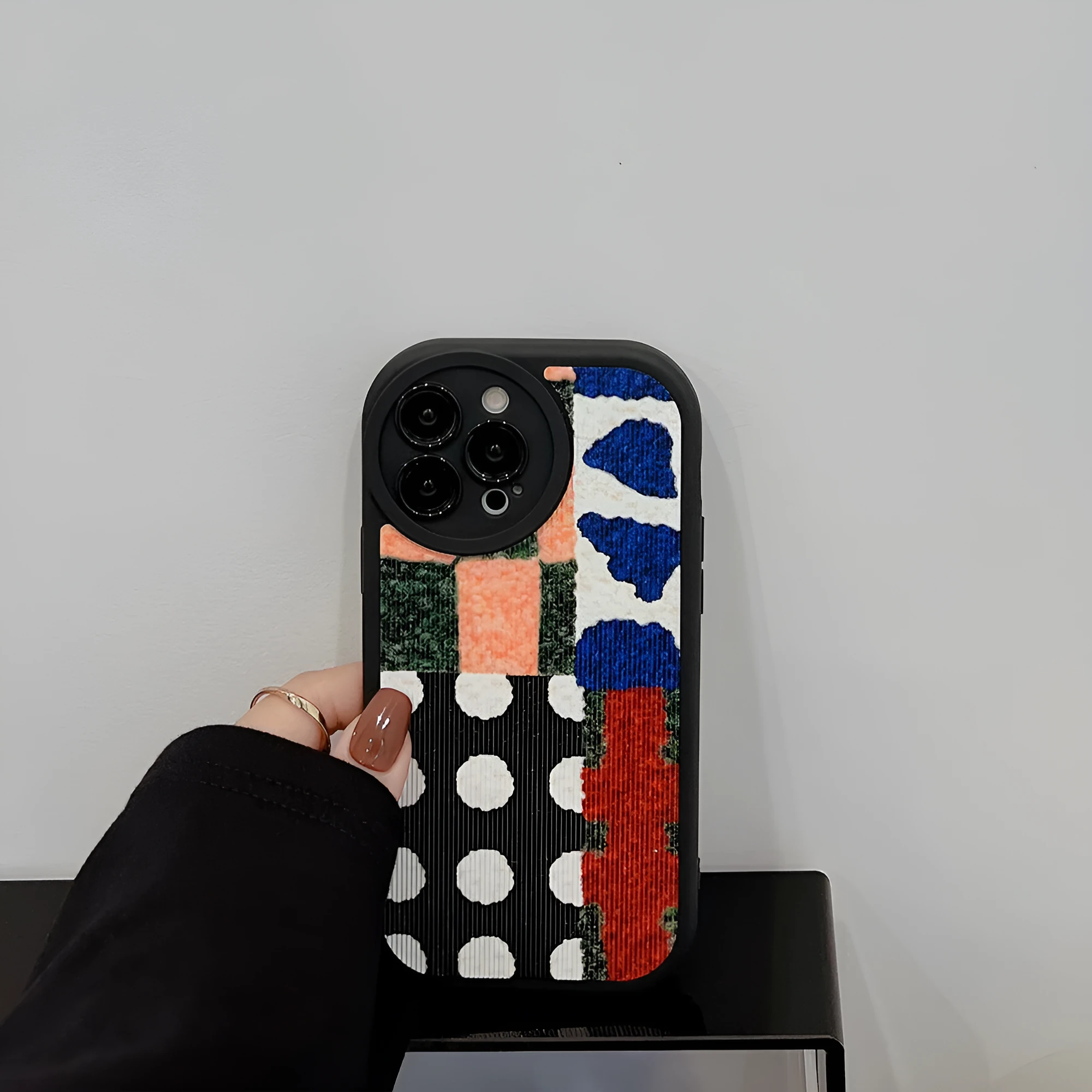 Art colour contrast patchwork TPU phone case with black leather-style finish and dot stitching for Apple iPhone