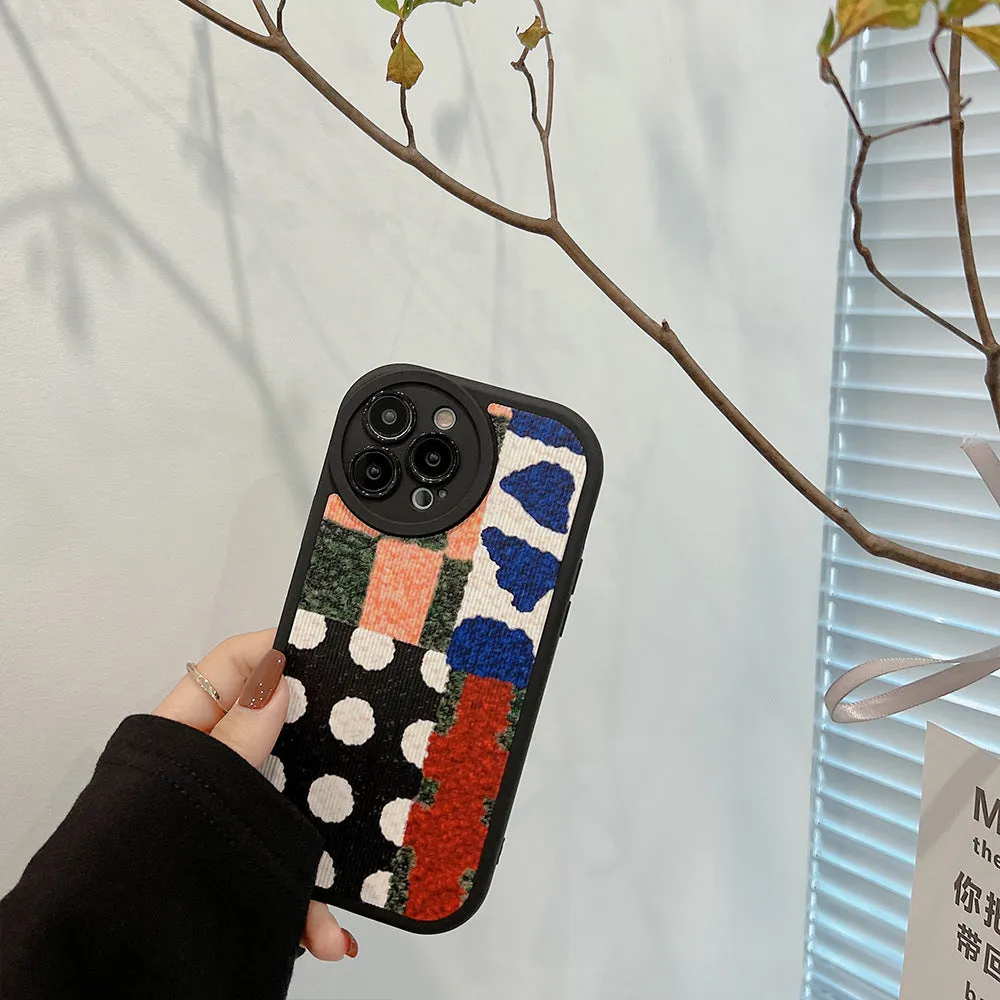 Art colour contrast patchwork TPU phone case with black leather-style finish and dot stitching for Apple iPhone