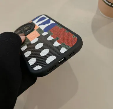 Art colour contrast patchwork TPU phone case with black leather-style finish and dot stitching for Apple iPhone