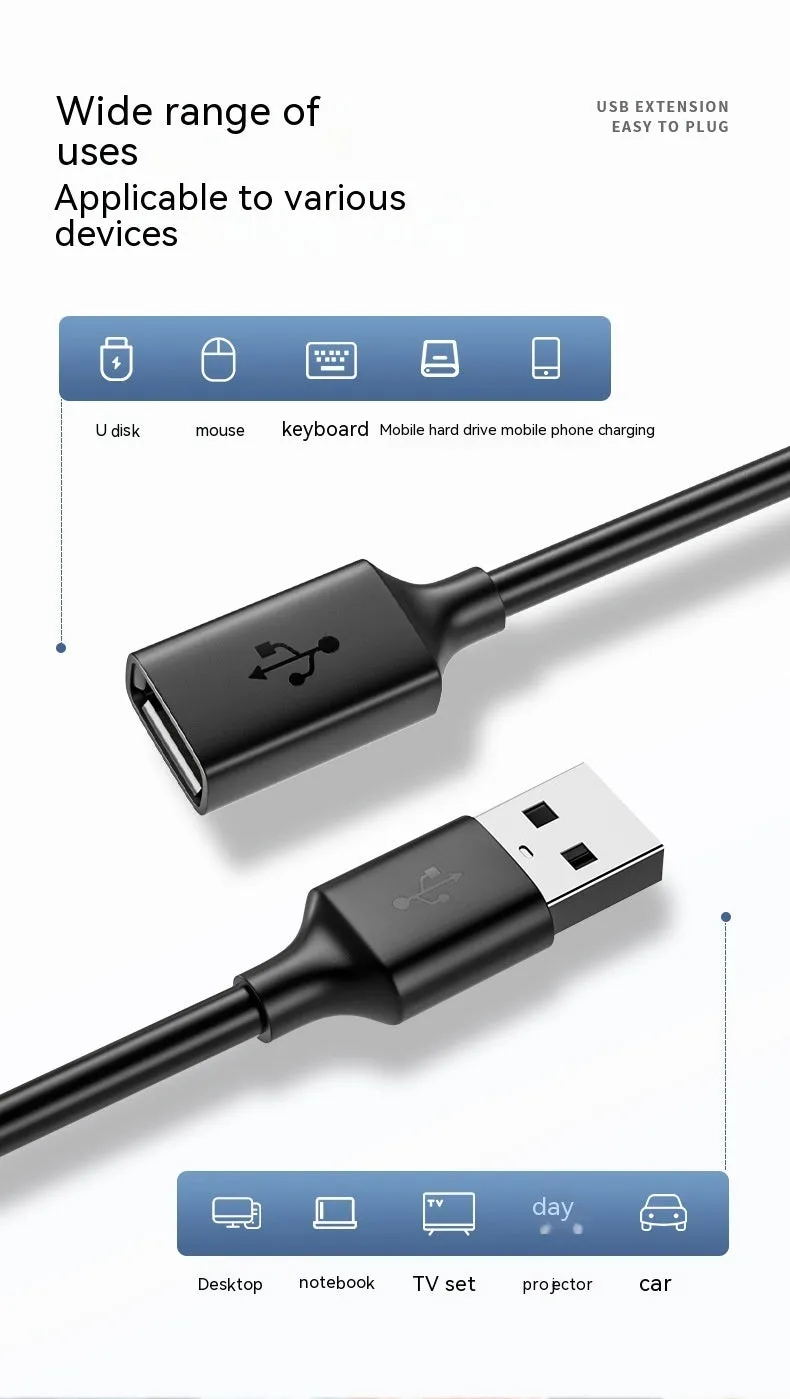 USB 3.0 extension cable male to female black PVC 0.5m length for printer and data transfer