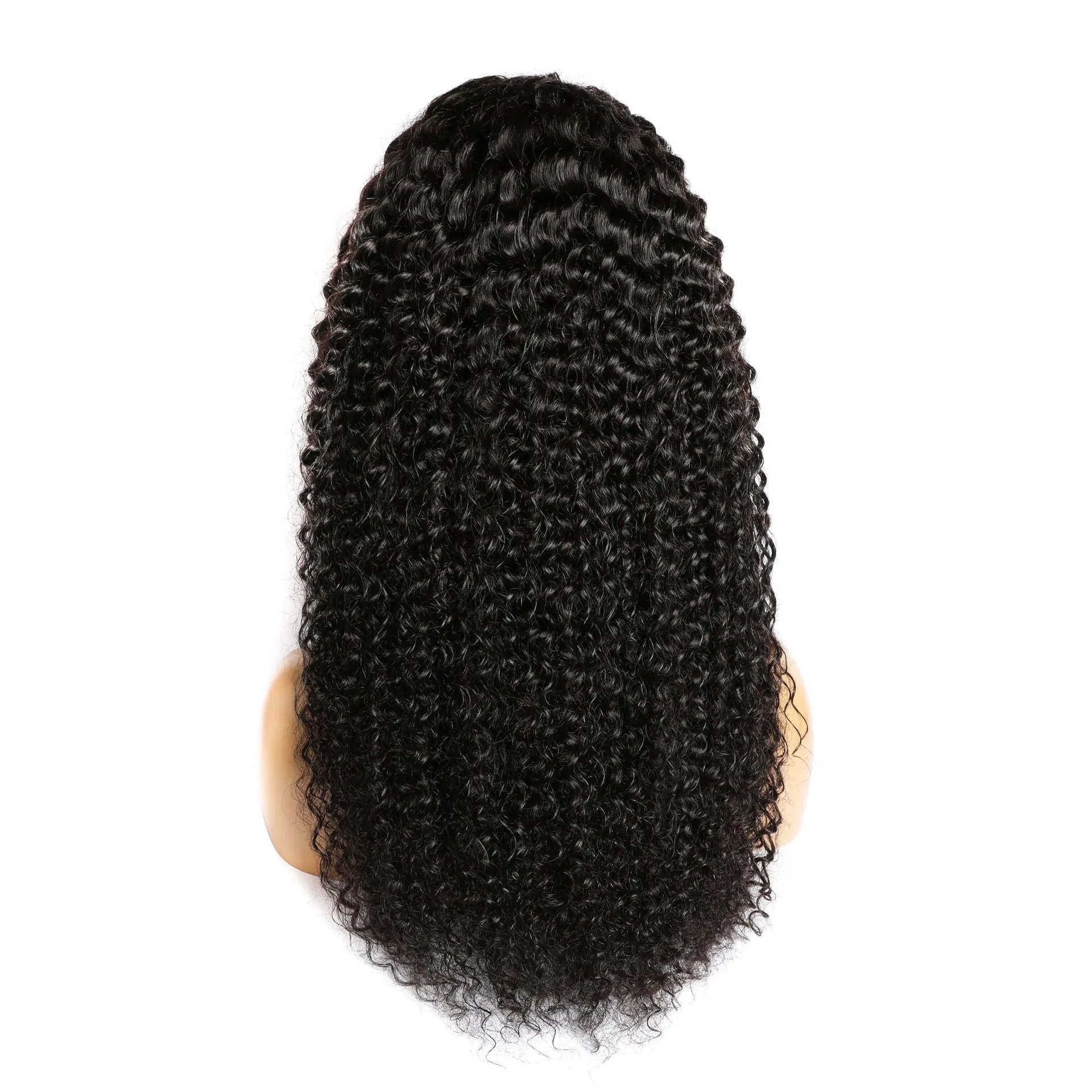 Curly human hair lace front wig shown in a natural shade, demonstrating its length and volume.