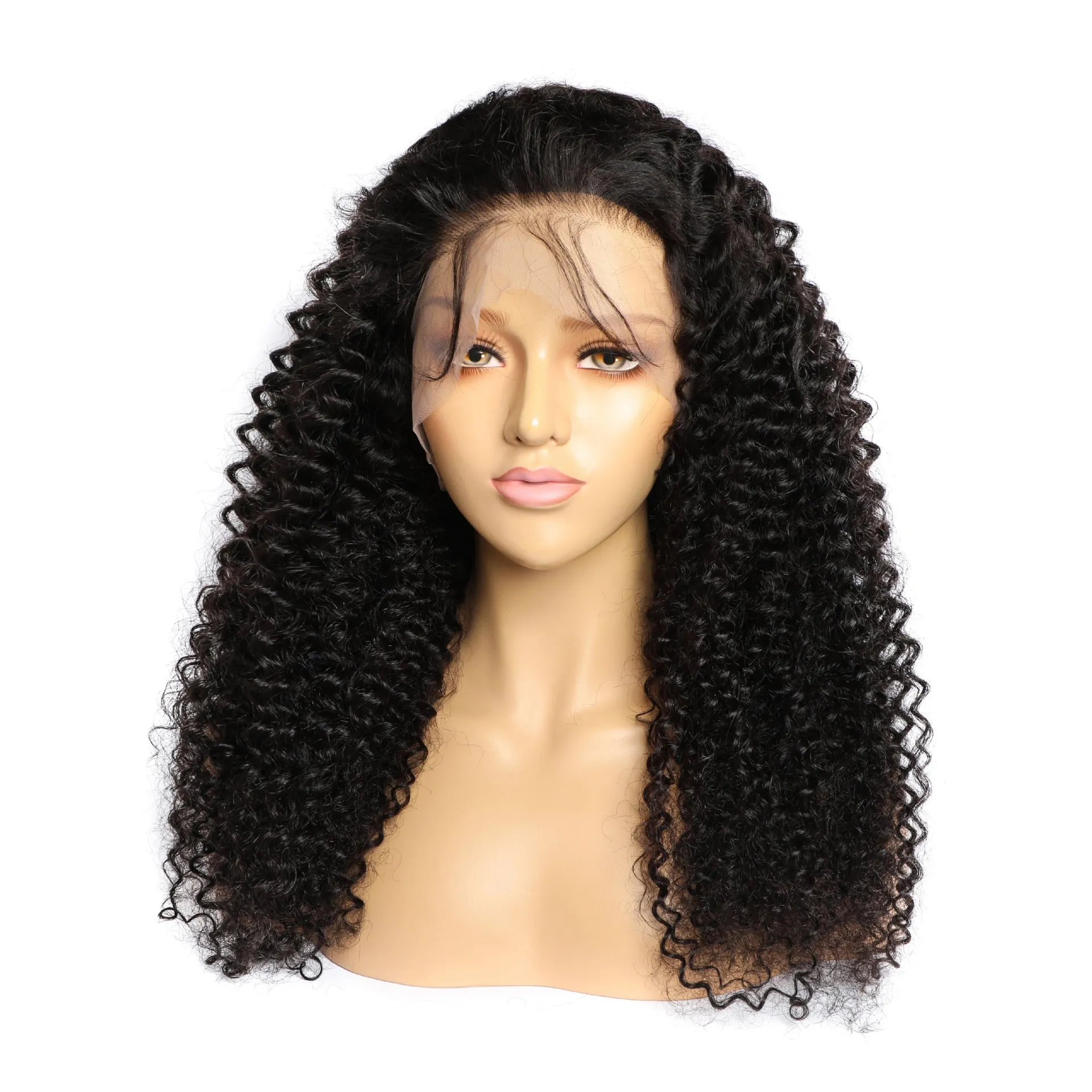 Curly human hair lace front wig shown in a natural shade, demonstrating its length and volume.