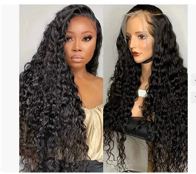 Curly human hair lace front wig shown in a natural shade, demonstrating its length and volume.