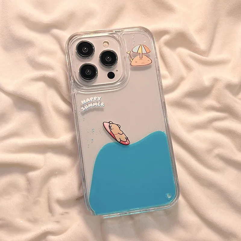 Cute animal surfing brown puppy TPU phone case for iPhone 14 Pro Max, drop-resistant protective cover