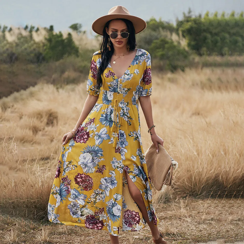 Women's floral print summer dress with V-neck, short sleeves, elastic high waist, and large hemline midi skirt