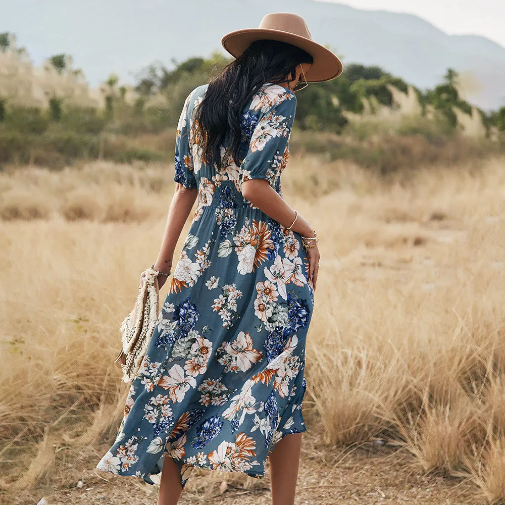 Women's floral print summer dress with V-neck, short sleeves, elastic high waist, and large hemline midi skirt