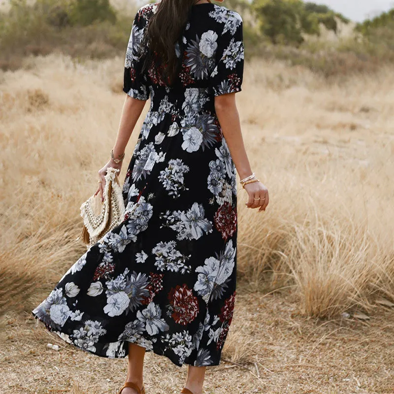 Women's floral print summer dress with V-neck, short sleeves, elastic high waist, and large hemline midi skirt