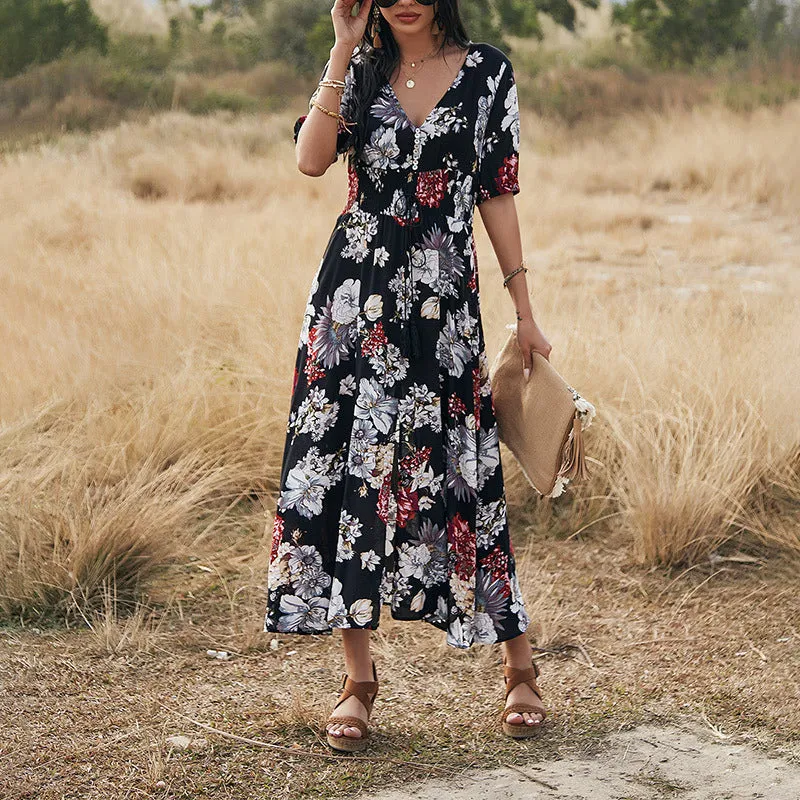 Women's floral print summer dress with V-neck, short sleeves, elastic high waist, and large hemline midi skirt