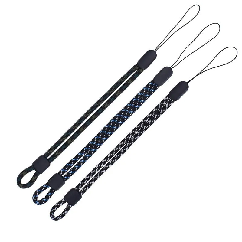 Woven nylon mobile phone lanyard wrist strap in pure black, 20cm length, unisex design