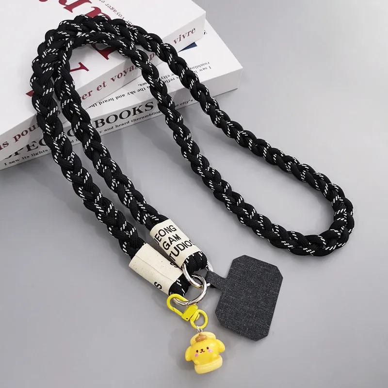 Woven nylon crossbody phone lanyard with macaron pendant in Pink Dot Gray, showing three-strand horse tail detail and matching clip.
