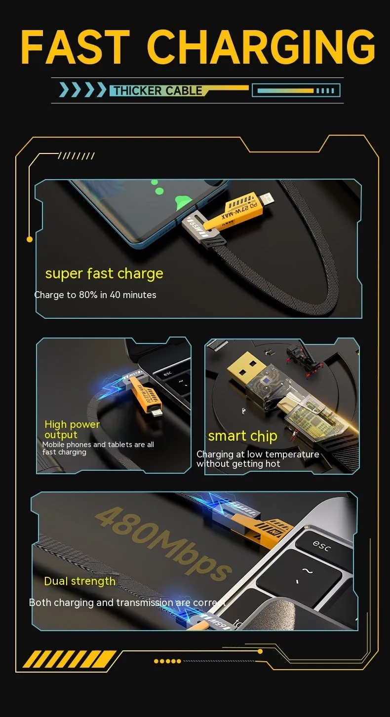Four-in-one super fast charge data cable 65W USB-A Type-C 1.2m yellow with two-drag-two design
