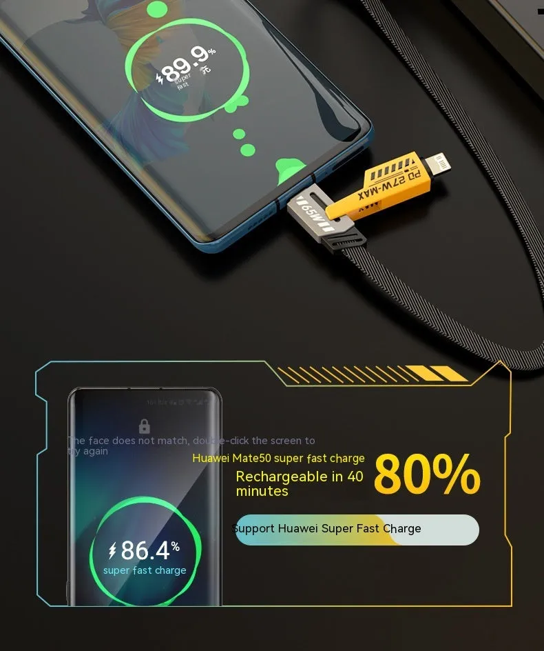 Four-in-one super fast charge data cable 65W USB-A Type-C 1.2m yellow with two-drag-two design