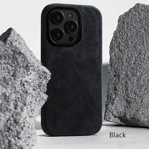 Dark green suede phone case with embossed texture and magnetic back for iPhone