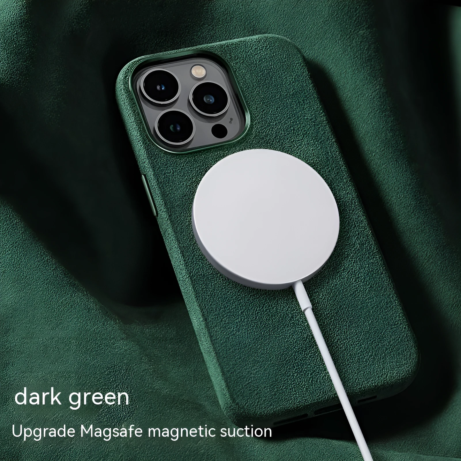 Dark green suede phone case with embossed texture and magnetic back for iPhone