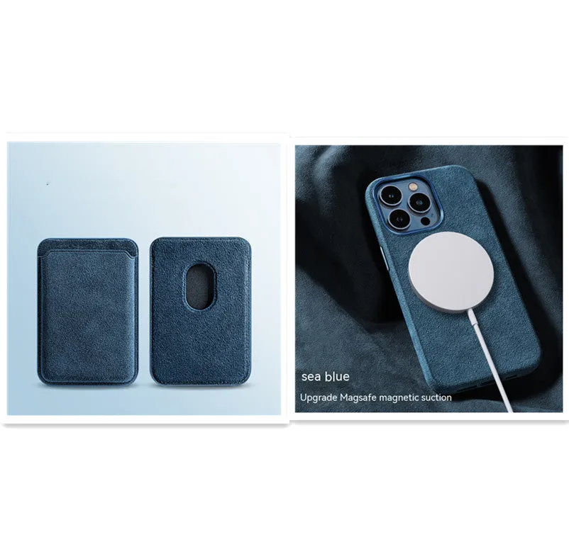 Dark green suede phone case with embossed texture and magnetic back for iPhone