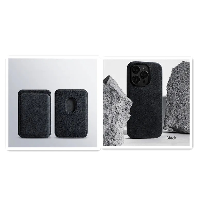 Dark green suede phone case with embossed texture and magnetic back for iPhone