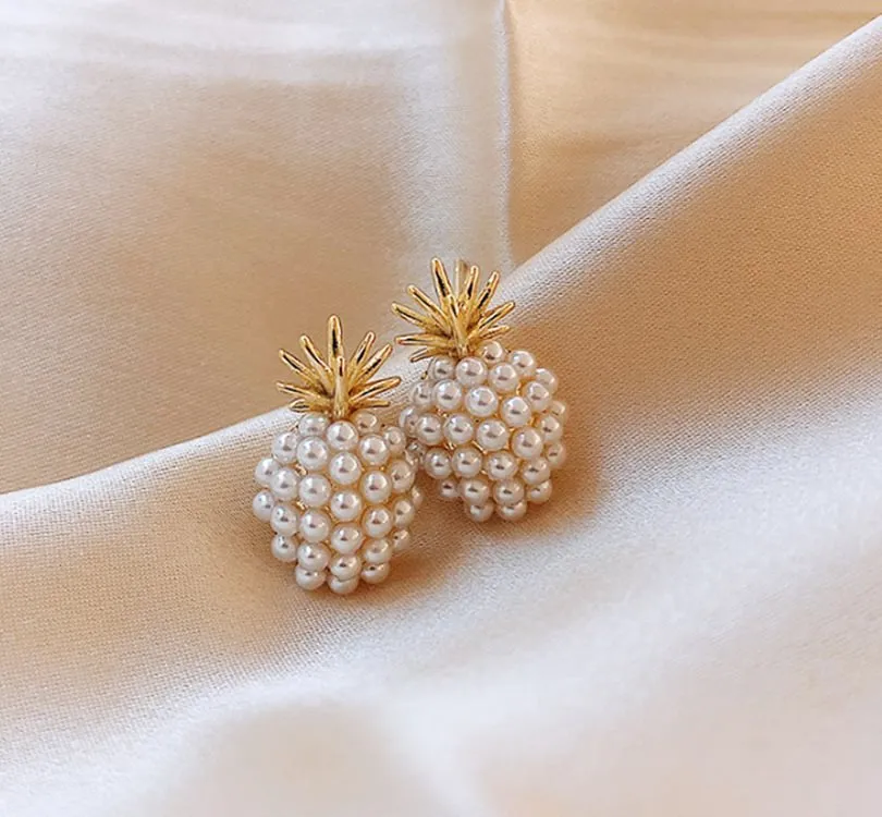 Korean style pineapple starfish pearl earrings in alloy with electroplated finish and stone inlay