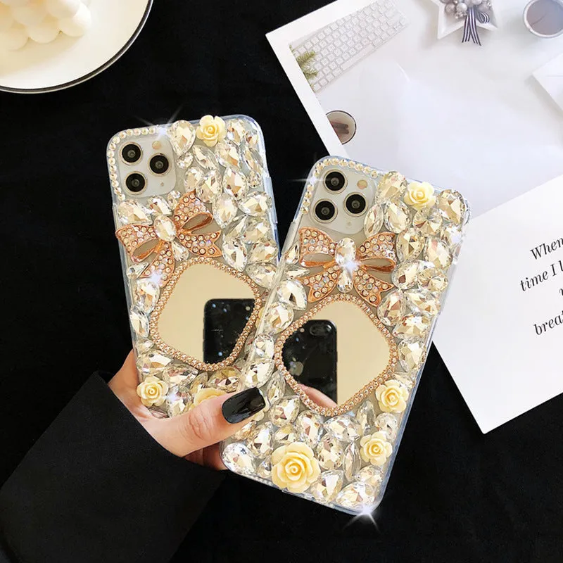 Rhinestone mirror bow silicone phone case for iPhone, aura bright white flower colour, all-inclusive design