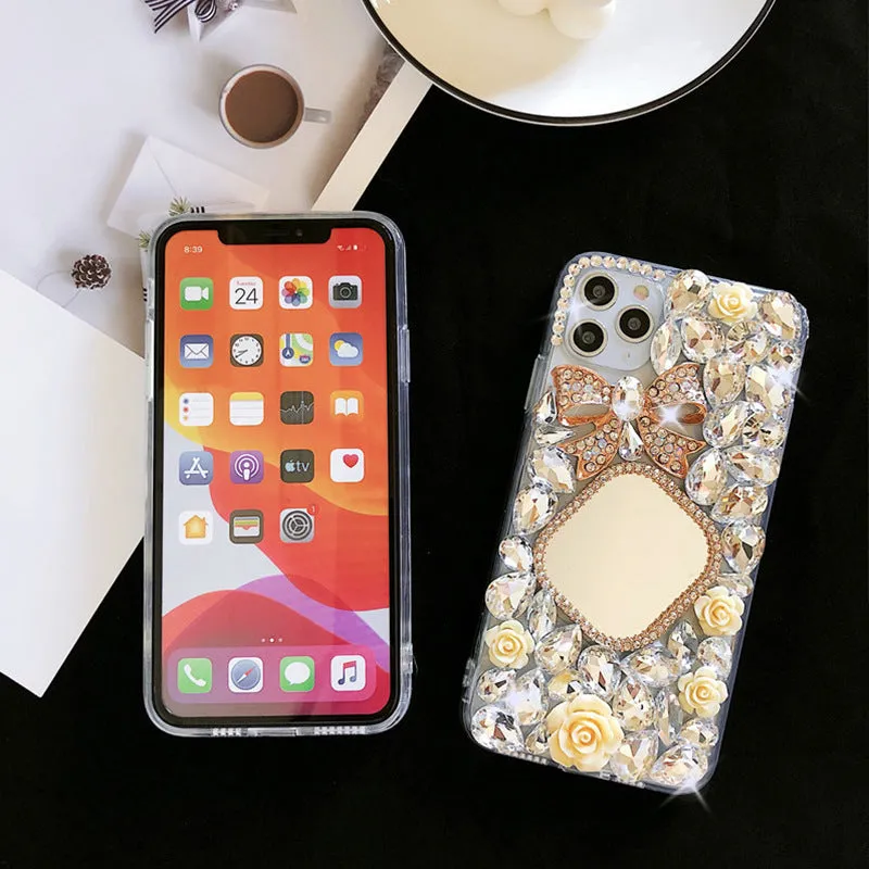 Rhinestone mirror bow silicone phone case for iPhone, aura bright white flower colour, all-inclusive design