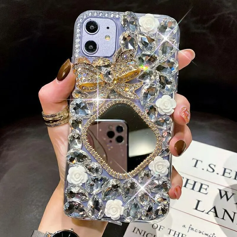 Rhinestone mirror bow silicone phone case for iPhone, aura bright white flower colour, all-inclusive design