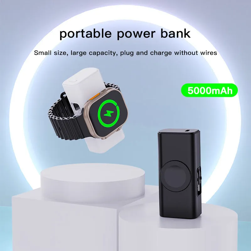 Portable 5000mAh power bank with folding double head charger, compact capsule design in black plastic