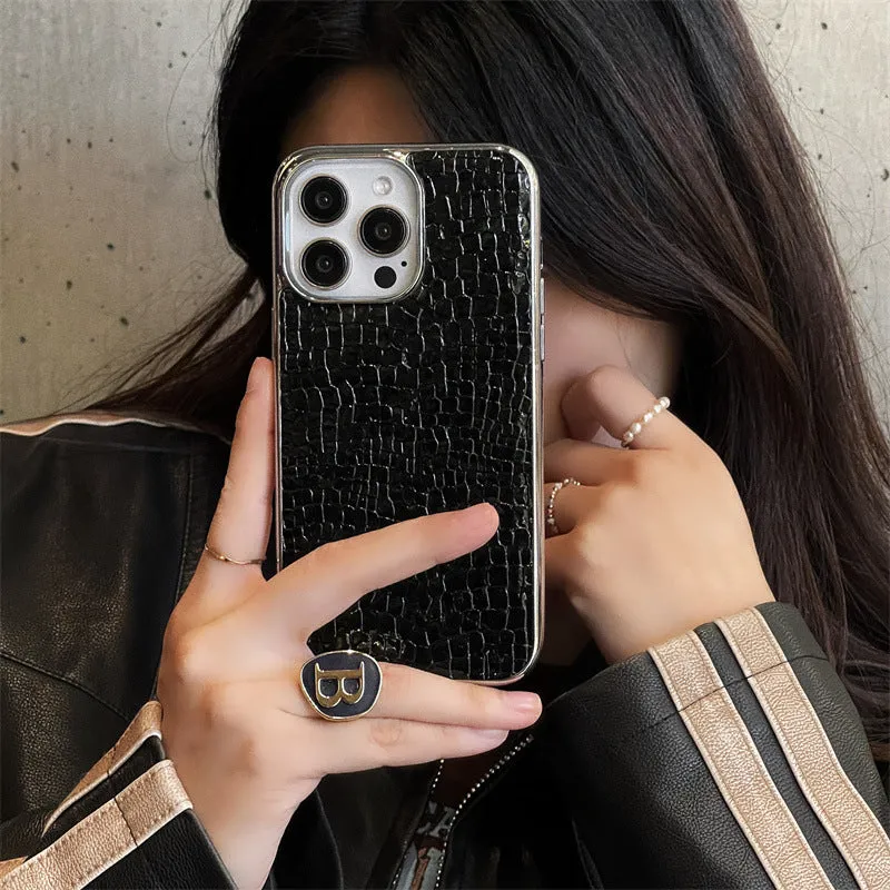 Imitation leather phone case with electroplated crocodile pattern in black, gray, silver, green, and milky white for iPhone 13 Pro Max