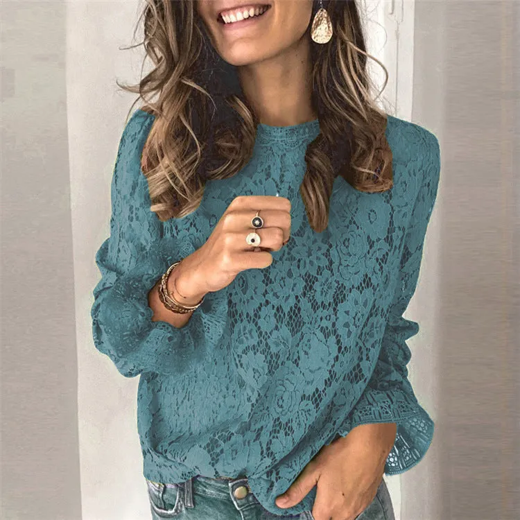 Loose women's lace shirt with hollow design and long sleeves in multiple colour options