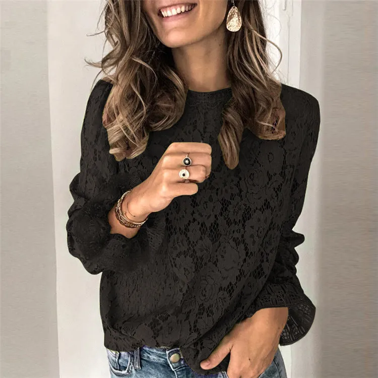 Loose women's lace shirt with hollow design and long sleeves in multiple colour options