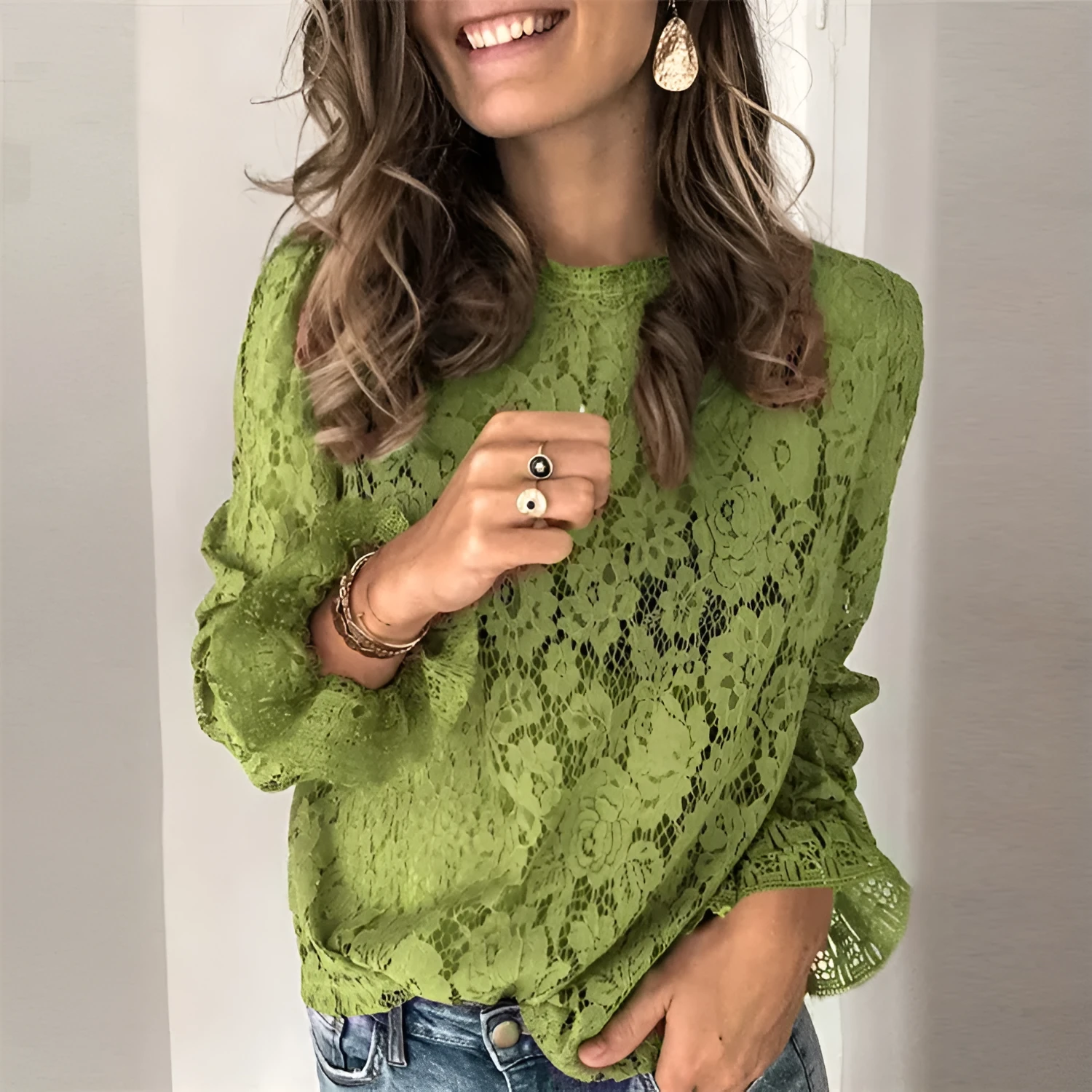 Loose women's lace shirt with hollow design and long sleeves in multiple colour options