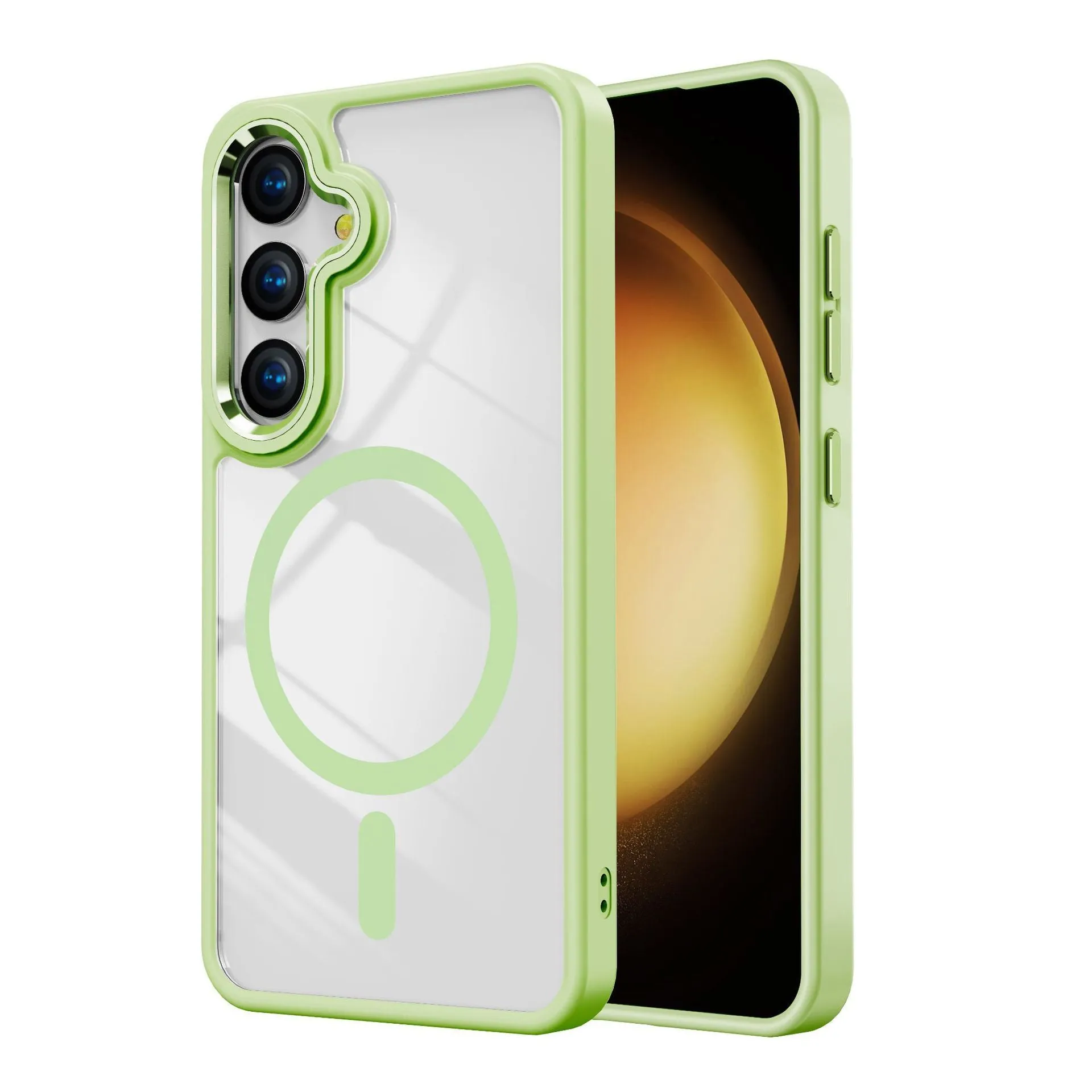 JD transparent magnetic phone case for Samsung S24 with metal lens and drop-resistant TPU acrylic build