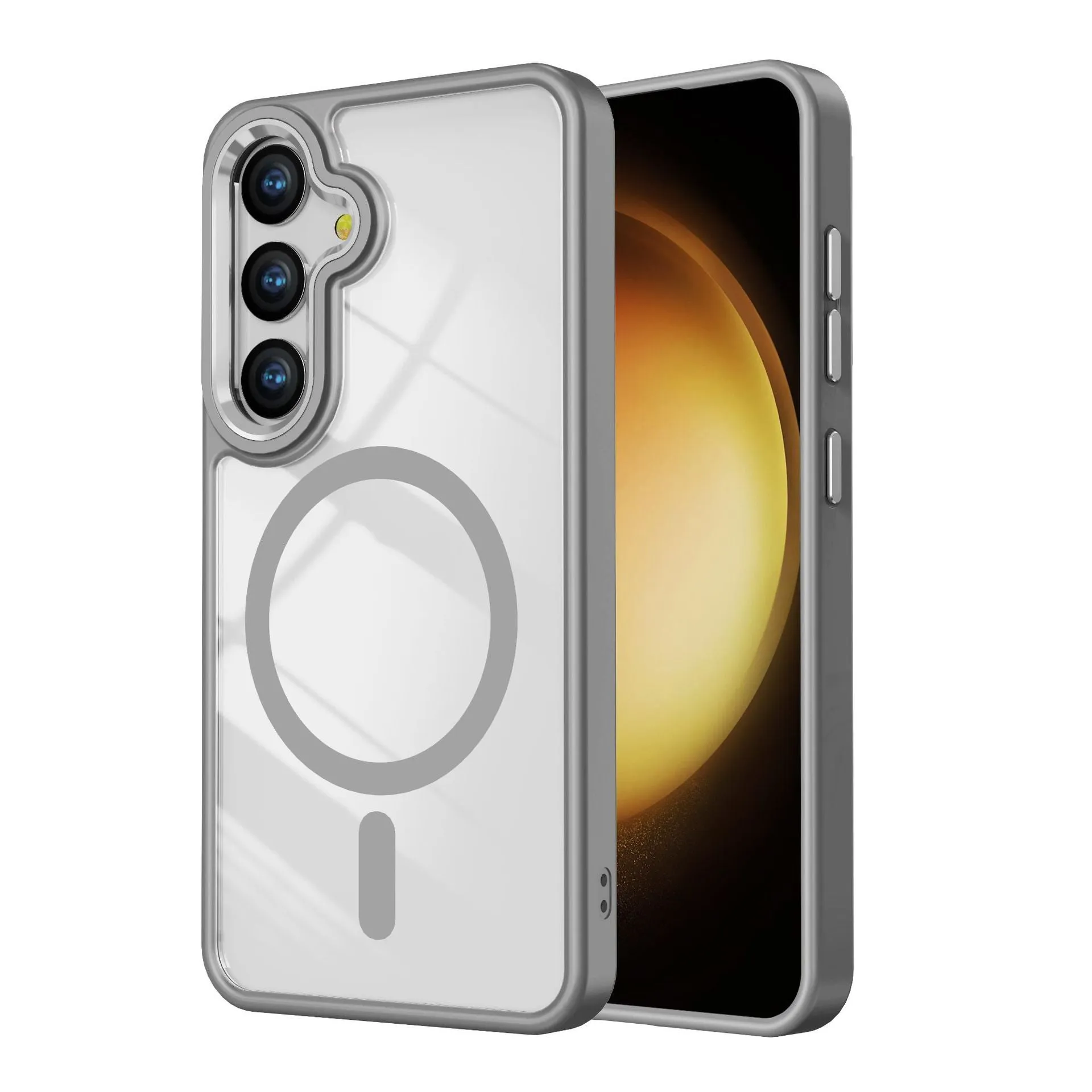 JD transparent magnetic phone case for Samsung S24 with metal lens and drop-resistant TPU acrylic build