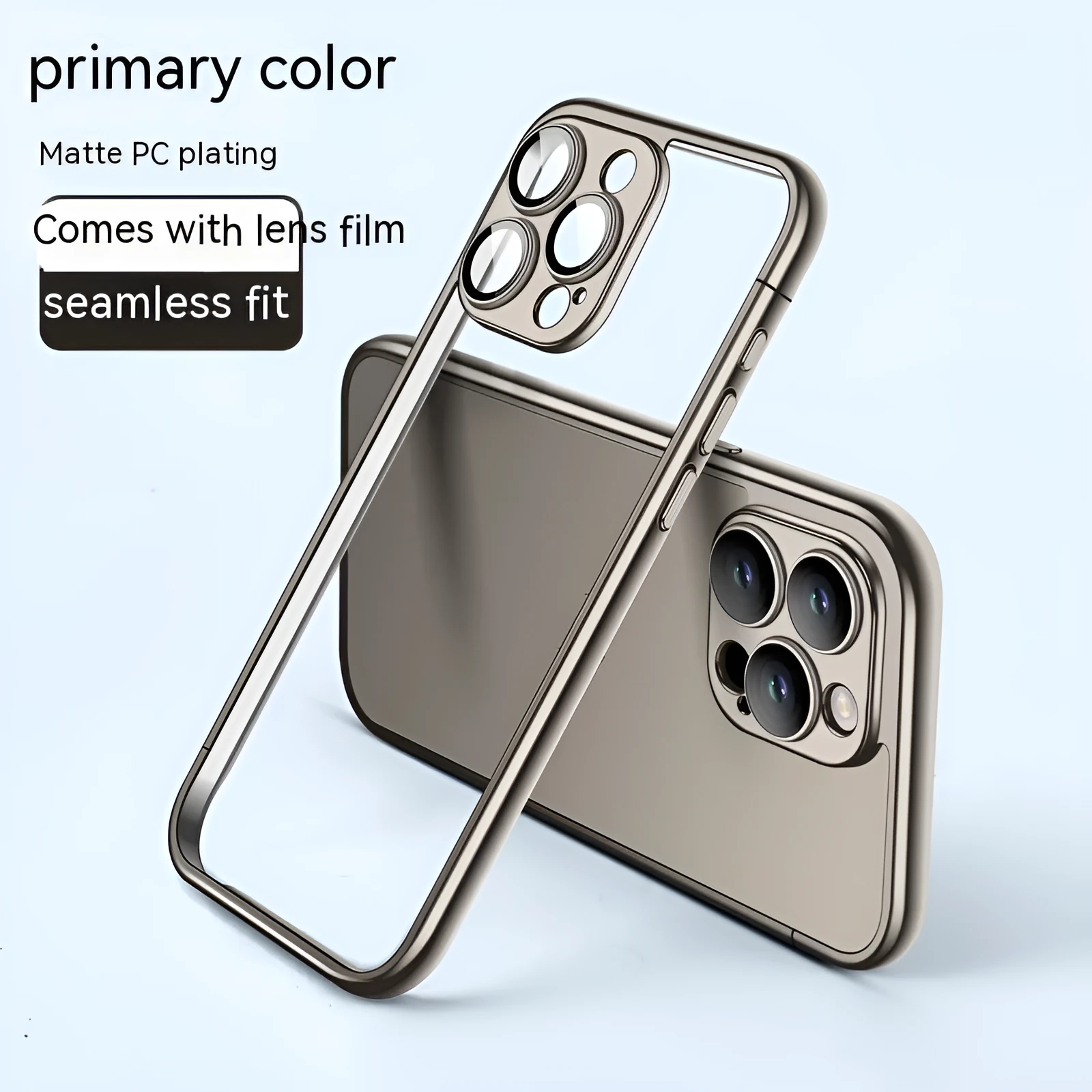 Matte electroplating frame phone case for iPhone 15 Pro Max in titanium gray with glass lens protector