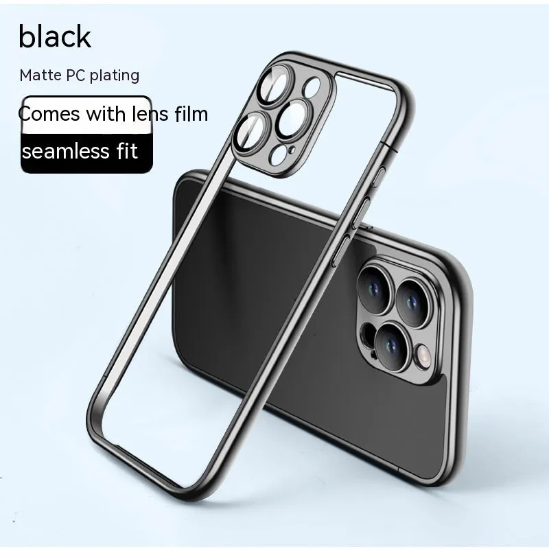 Matte electroplating frame phone case for iPhone 15 Pro Max in titanium gray with glass lens protector