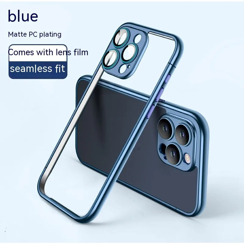Matte electroplating frame phone case for iPhone 15 Pro Max in titanium gray with glass lens protector