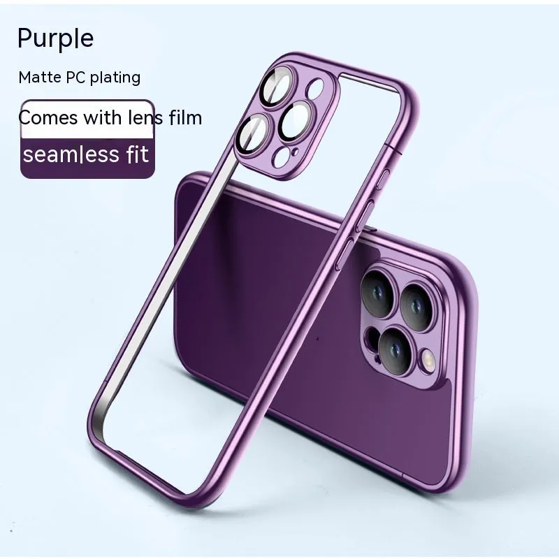 Matte electroplating frame phone case for iPhone 15 Pro Max in titanium gray with glass lens protector