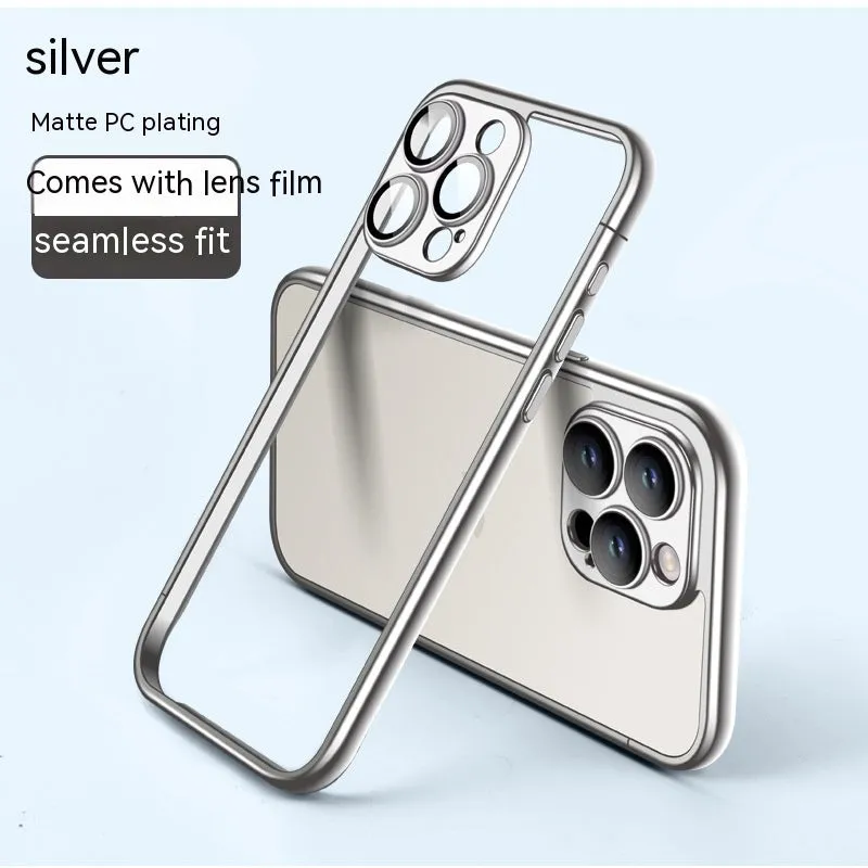 Matte electroplating frame phone case for iPhone 15 Pro Max in titanium gray with glass lens protector