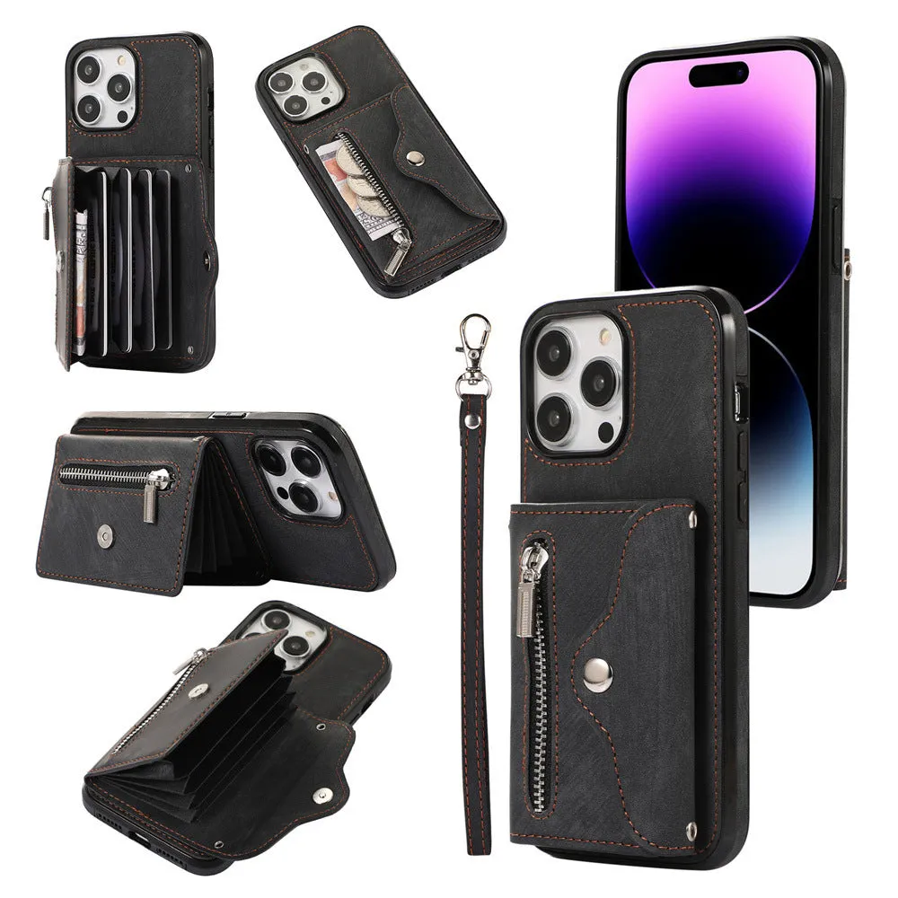Blue polyurethane phone case with crossbody rope and built-in bracket for iPhone