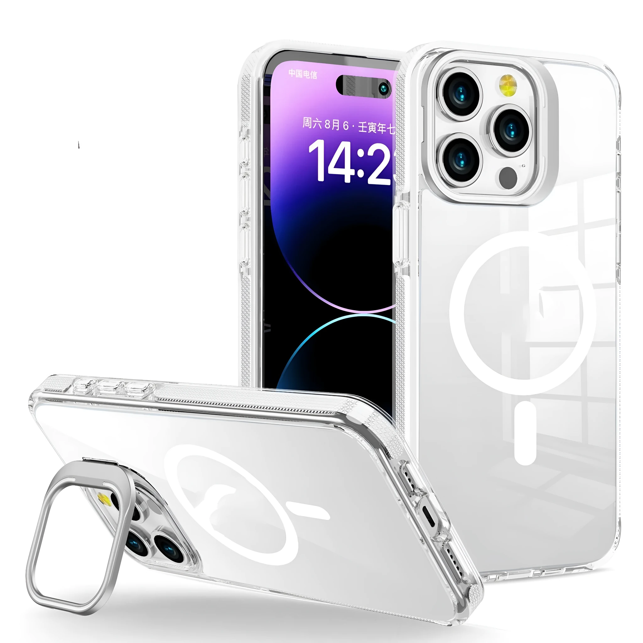 Transparent acrylic phone case with metal bracket and magnetic suction for iPhone 13 Pro Max