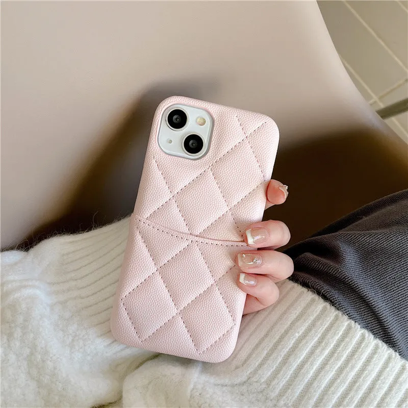 Imitation leather phone case with rhombus grid and card slot for iPhone in mint green