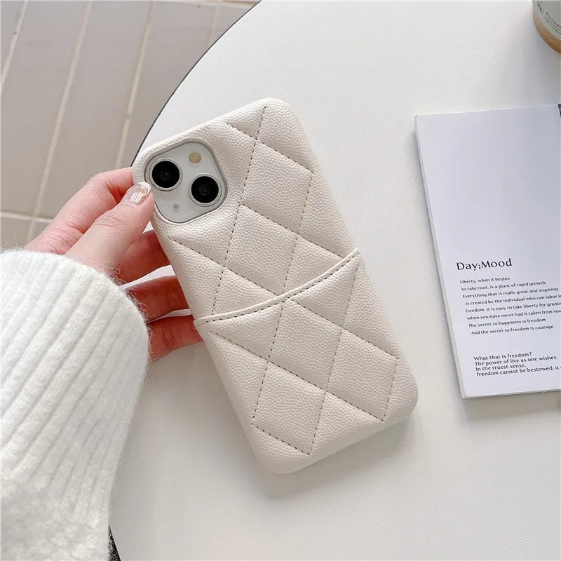 Imitation leather phone case with rhombus grid and card slot for iPhone in mint green