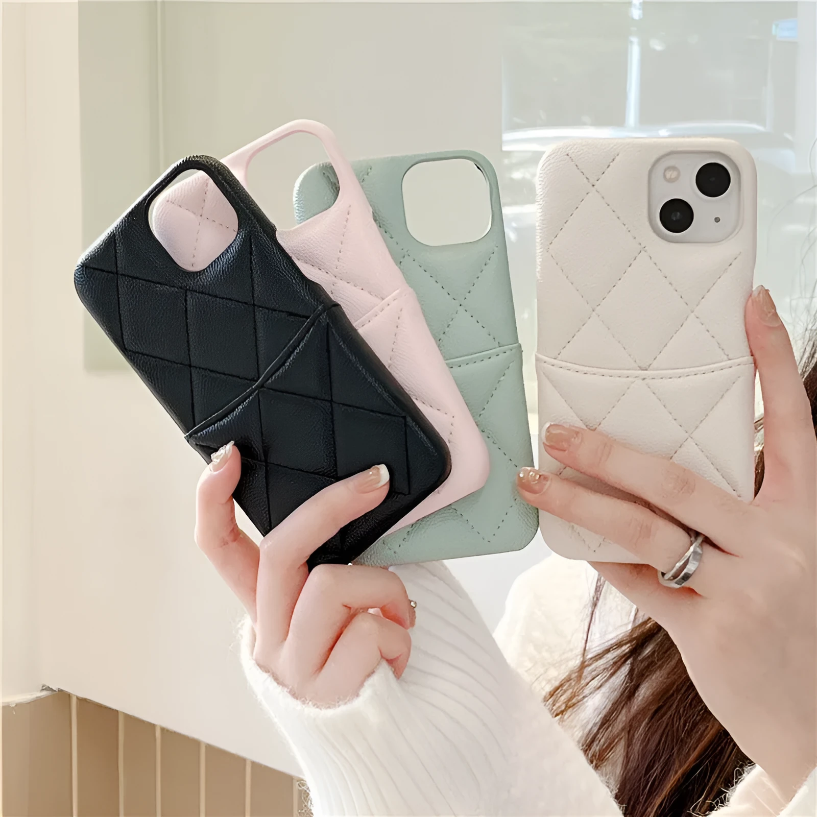 Imitation leather phone case with rhombus grid and card slot for iPhone in mint green