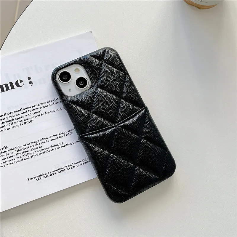 Imitation leather phone case with rhombus grid and card slot for iPhone in mint green