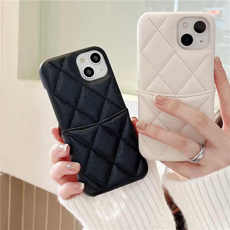 Imitation leather phone case with rhombus grid and card slot for iPhone in mint green