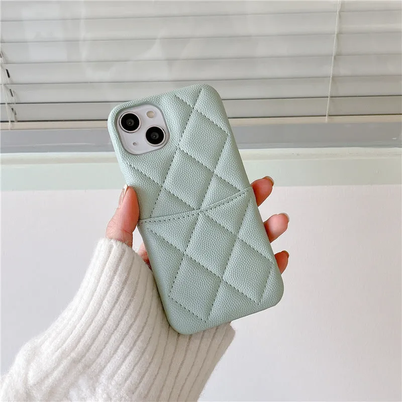 Imitation leather phone case with rhombus grid and card slot for iPhone in mint green