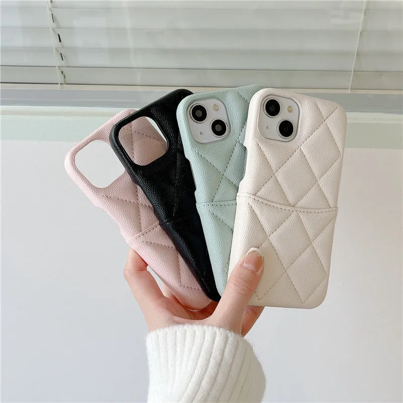 Imitation leather phone case with rhombus grid and card slot for iPhone in mint green