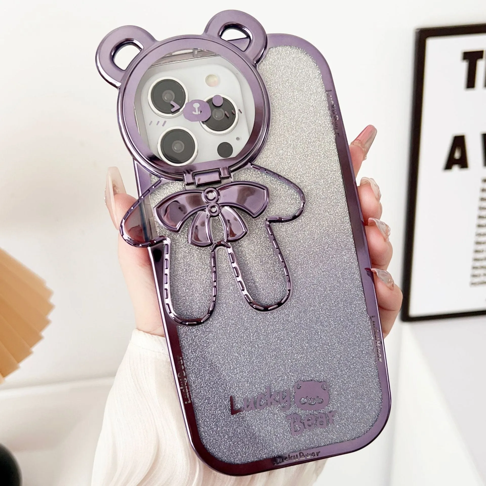 Electroplating glitter TPU phone case with Lucky Bear bracket for iPhone series