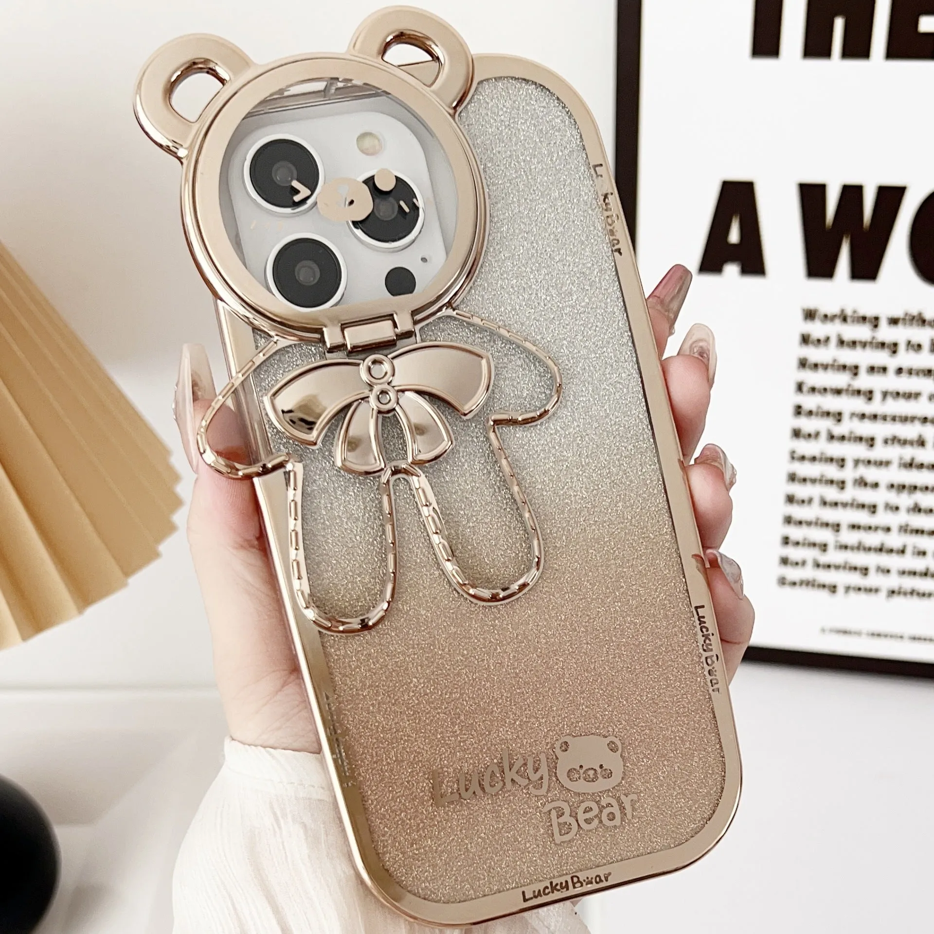 Electroplating glitter TPU phone case with Lucky Bear bracket for iPhone series
