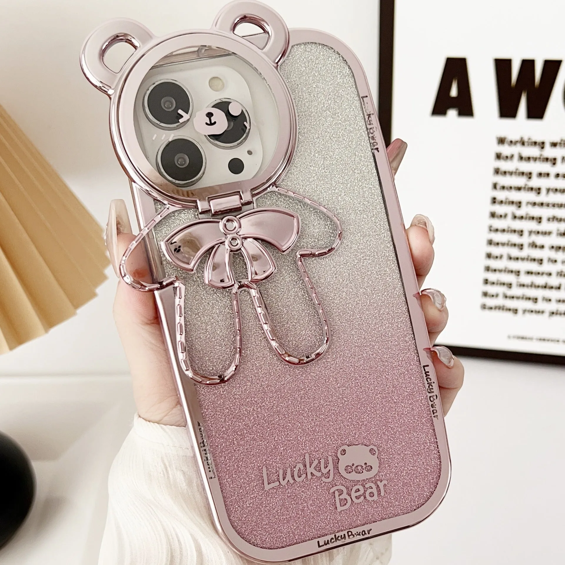 Electroplating glitter TPU phone case with Lucky Bear bracket for iPhone series